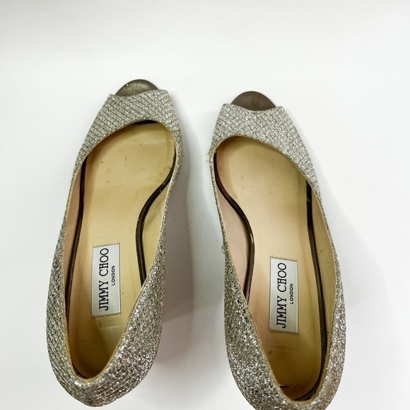 JIMMY CHOO Metallic Champagne Glitter Baxen Peep Toe Wedge 39.5 - Picture 4 of 6